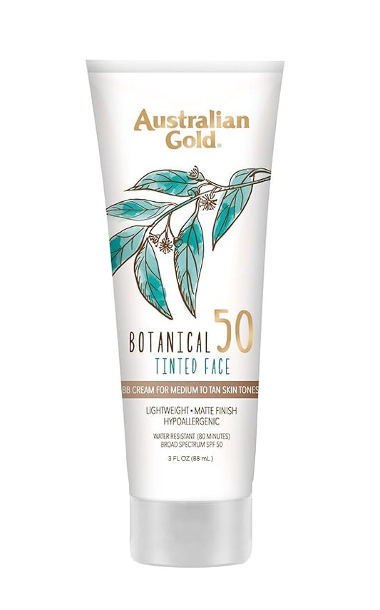 Australian Gold Botanical SPF 50 Tinted Mineral Sunscreen for Face, Non-Chemical BB Cream, Water-Resistant, Matte Finish, For Sensitive Facial Skin, Medium to Tan Skin Tones, 3 FL Oz-FemmiqueWomen