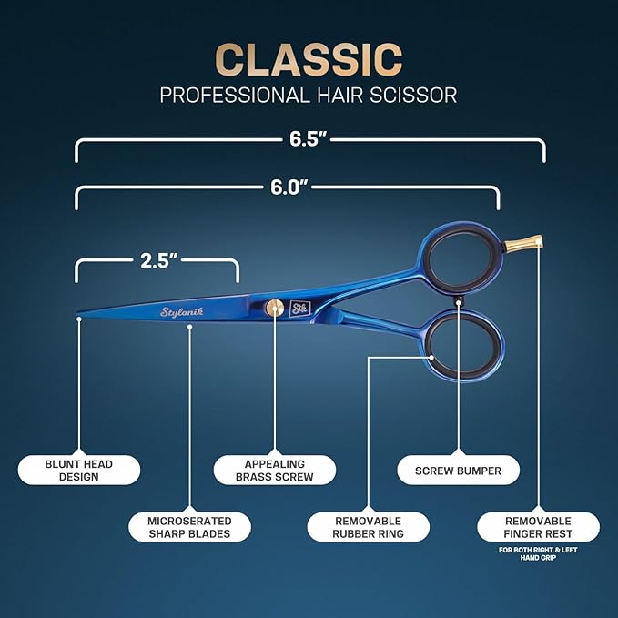 Hair Cutting Scissors-Professional Hairdressing Scissors for Women,Men,Hair Stylists,Salon,Barber- 6.5-Inch Stainless Steel Hair Scissors with Finger Rest (Classic Scissor Blue Titanium)