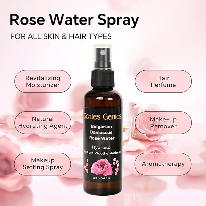 100% Pure Bulgarian Damascus Rose Water Hydrosol – Luxury Facial Toner for Hydration & Radiant Skin, Body Mist & Pillow Spray | Natural Skincare | 3.4 fl oz-FemmiqueWomen