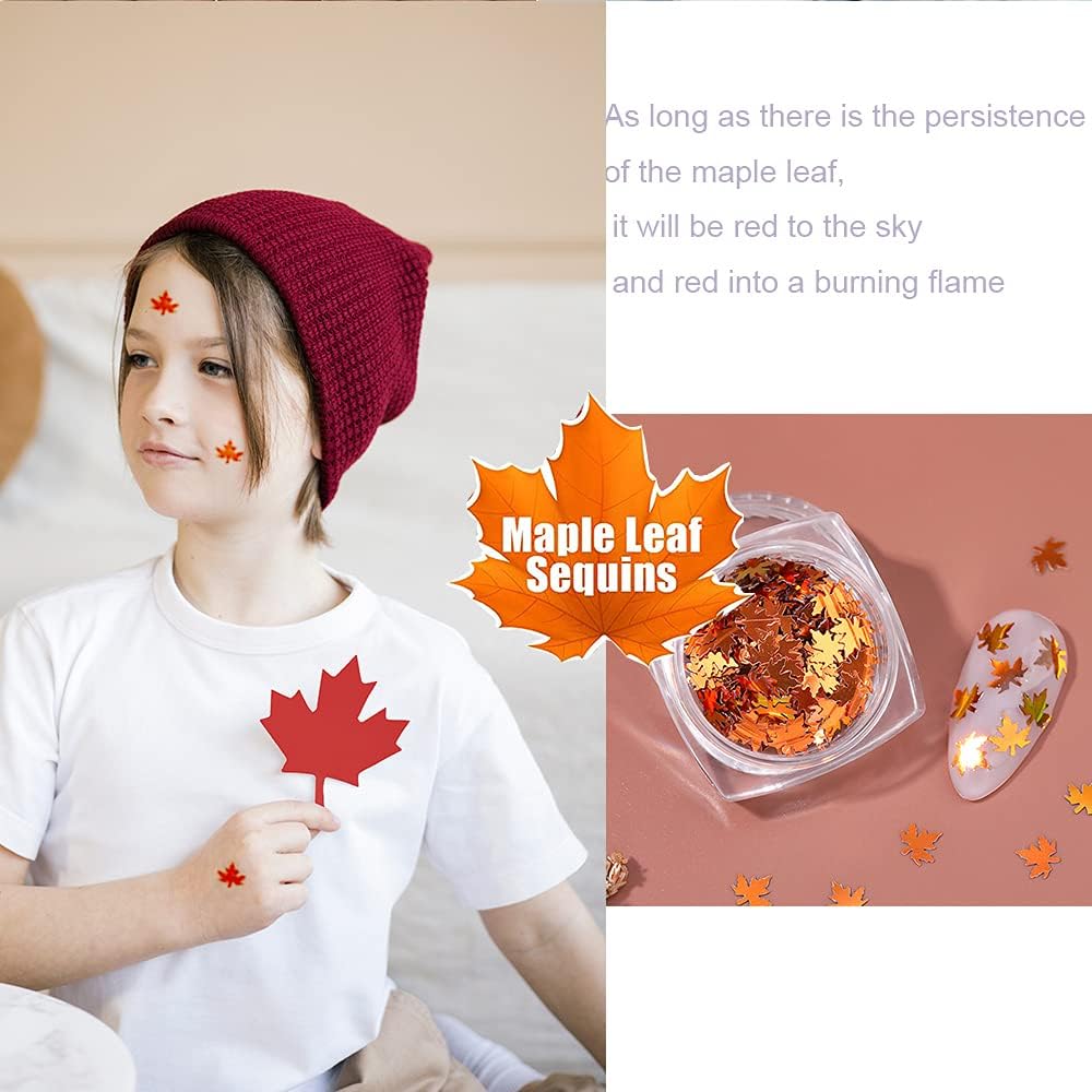 3D Fall Maple Leaf Nail Art Decals Charms for Nails, 3D Holographic Glitters Meteillc Red Yellow Nail Art Sequins Flakes for Women DIY Manicures Salon Accessories 2 Bag-FemmiqueWomen