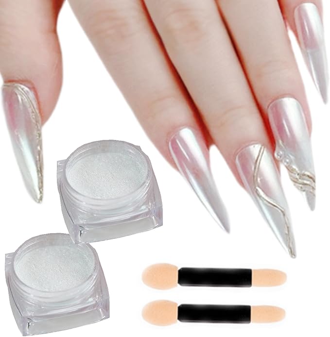 2 Pcs White Iridescent Nails Powder Aurora Chrome Powder for Nails,Mermaid Chrome Nail Pearl Powder Chameleon Chrome Nail Powder Manicure Pigment(2 Pcs Moonlight)-FemmiqueWomen