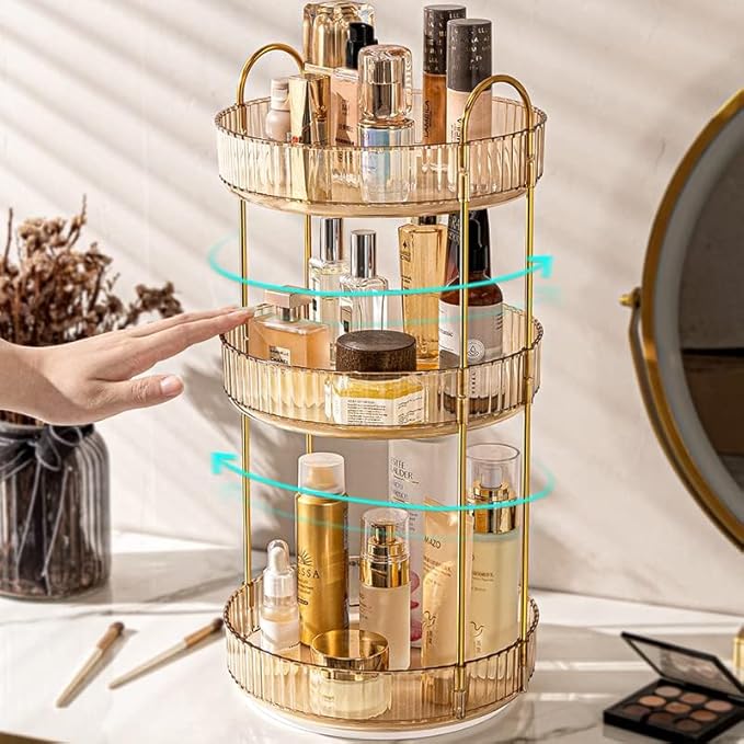 360 Rotating Makeup Organizer - High-Capacity Skincare & Cosmetics Organizer for Vanity, Bathroom or Dresser (3 Tiers, Amber)-FemmiqueWomen