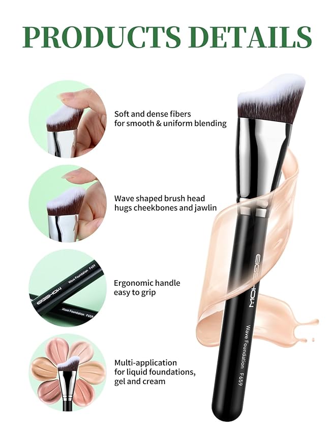 EIGSHOW Foundation Brush with Wave Shaped Head for Liquid, Cream, Powder Blending Cheekbones Jawline, Large Premium Dense Synthetic Bristles (F659)-FemmiqueWomen