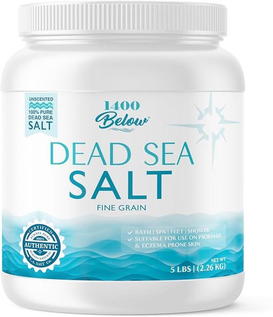 1400 Below 5 Lbs Jar Dead Sea Salt, Fine Grain - Foot and Spa Bath Soak, Exfoliating Body Scrub, 100% Pure and Mineral-Rich, Highest Mineral Content – Natural Muscle Tension Relief-FemmiqueWomen