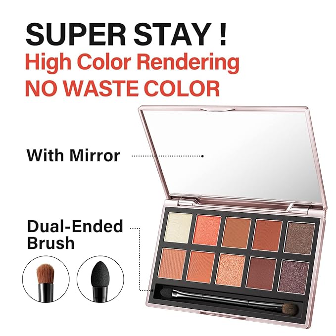 10 Color Eyeshadow Palette, Matte, Shimmer, Glitter Pigment Eye Shadow Makeup Pallete, Neutral Nudes Sunny Orange Eye Makeup Palette with Brush & Mirror, 01.Sunset-FemmiqueWomen