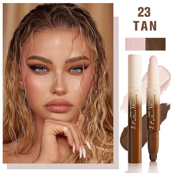 2Pcs 2in1 Cream Contour Highlighter Stick, Dual-Ended Highlighter Makeup Contour Stick, Contour Stick Dual Ended For Face Body Makeup,Long Lasting Waterproof for All Skin Tones (01+03)-FemmiqueWomen
