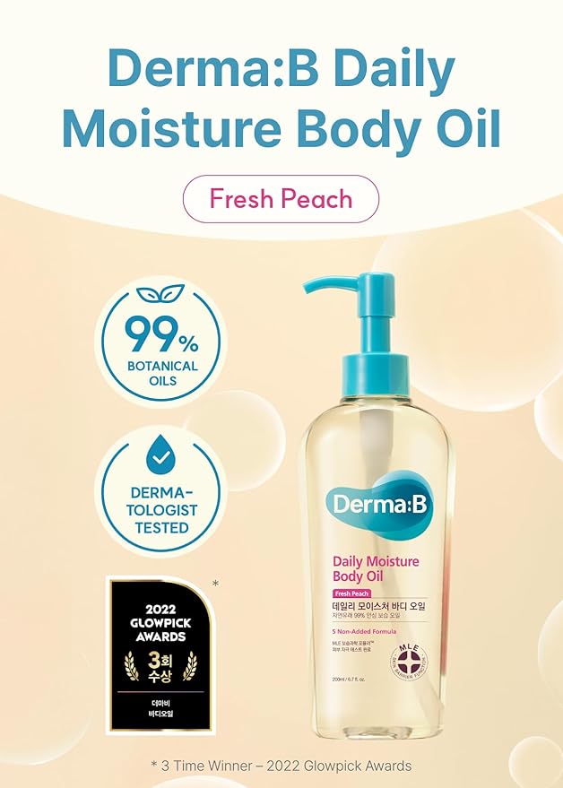 Derma B | Daily Moisture Body Oil | 99% Natural Argan & Sweet Almond Oil | Shower Oil for Dry Sensitive Skin | Light & Long-Lasting Hydration | Skin Body Care Oil with Peach Scent | 6.78 fl oz (200ml)-FemmiqueWomen