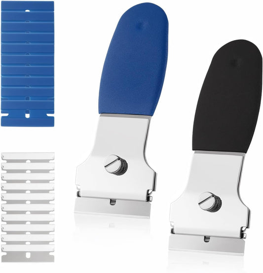2 Pack Razor Blade Scraper, Multi-Purpose Cleaning Remover Tool, with 10 Metal & 10 Plastic Blades, for Glass Caulk, Adhesive, Wall, Stovetop, Paint, Window, Sticker, Tile, Label Decals-FemmiqueWomen