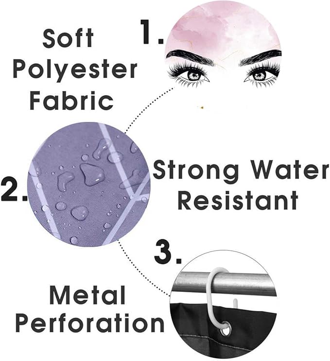 4PCS Hello Gorgeous Eyelash Shower Curtain Set, Gold Glitter Quotes Black Eyebrow Makeup Pink Marble Glam Modern Fashion Girly Women Bathroom Decor, Non-slip Bath Mat Toilet Rug, Charming Eyes-FemmiqueWomen