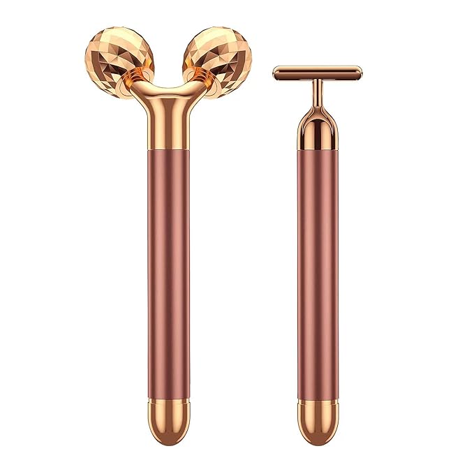 2-IN-1 Beauty Bar 24k Golden Pulse Facial Face Massager, Electric 3D Roller and T Shape Arm Eye Nose Head Massager Facial Roller Massager Kit Skin Care Tools-FemmiqueWomen