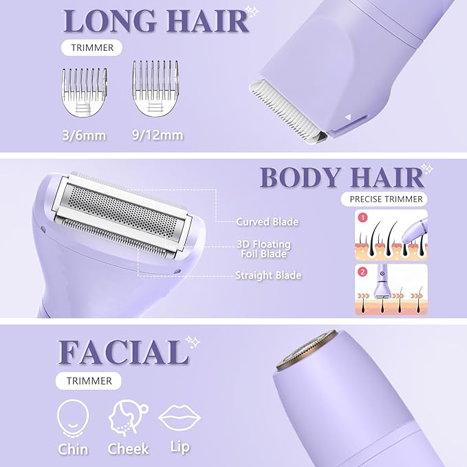 3-in-1 Bikini Trimmer for Women, IPX7 Waterproof Electric Shaver for Women-Rechargeable Electric Razors for Pubic, Facial & Body Hair Trimmer with LED Display, Travel Kit & Painless Blades (Purple)-FemmiqueWomen