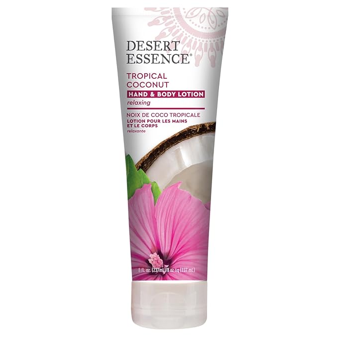 Desert Essence, Tropical Coconut Hand & Body Lotion 8 fl. oz. - Gluten Free - Vegan - Cruelty Free - Coconut Oil, Jojoba Oil & Vitamin E - Intense Hydration - Tropical Coconut Scent-FemmiqueWomen