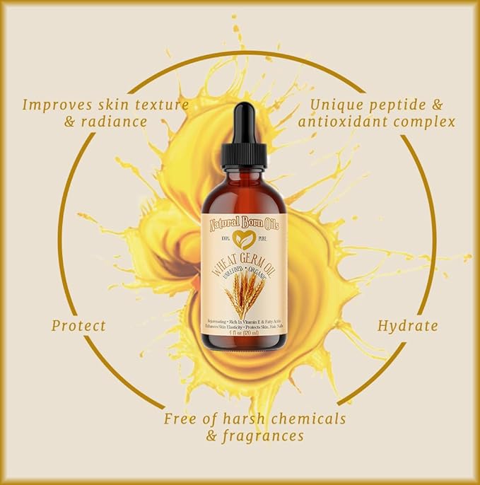 Natural Born Oils Wheat Germ Oil. 4oz. 100% Pure, Natural, Organic, Cold-pressed, Unrefined, Rejuvenating, Rich in Vitamin E. Moisturizer for Skin Hair-FemmiqueWomen