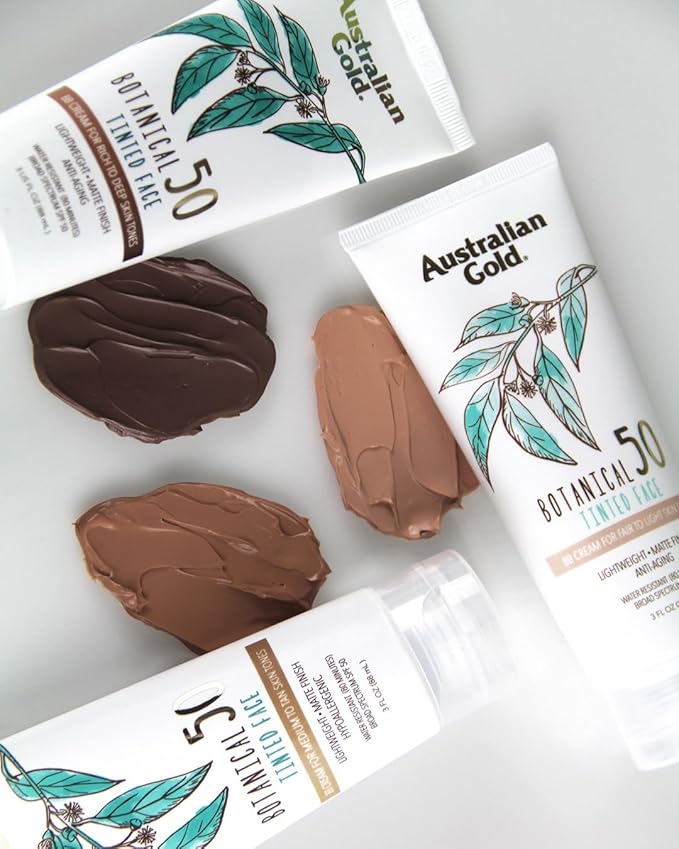 Australian Gold Botanical SPF 50 Tinted Face Sunscreen, Non-Chemical BB Cream, Water-Resistant, Matte Finish, Sensitive Skin, 3 FL Oz-FemmiqueWomen