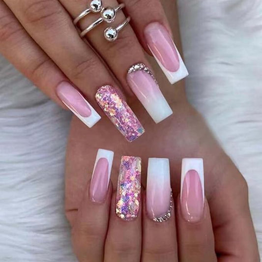 Long Coffin False Nails White French Press on Nails Gradient Nails Tips Acrylic Cute Glitter Fake Nails for Women and Girls 24Pcs