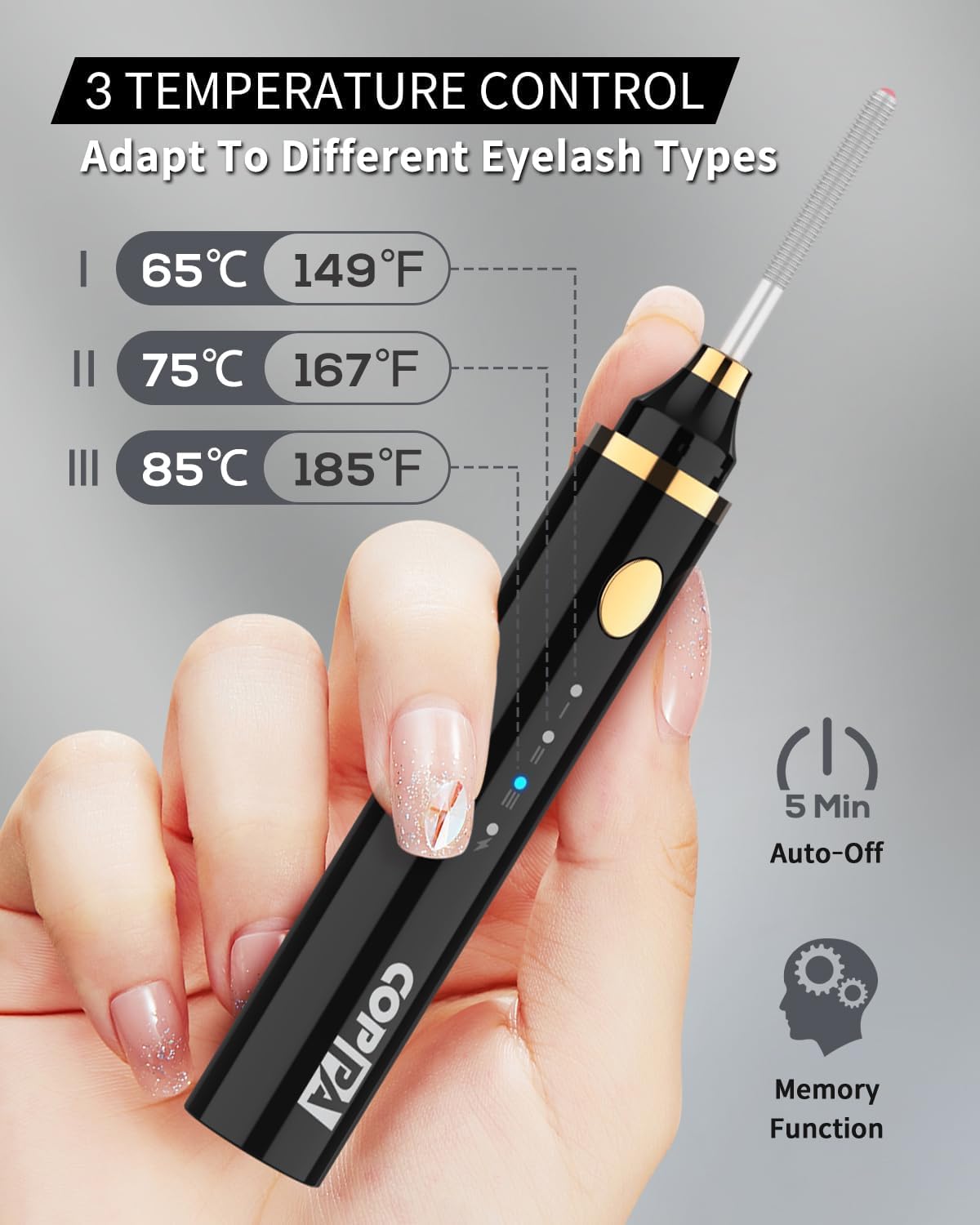 COPPA Electric Lash Curler, LP-1 Lipstick Type 3-in-1 Heated Eyelash Curler with 3 Brush Heads 3 Curling Modes and 3 Temp & 5s Quick Heat-up, Perfect for Beginners and Makeup Pros, Black-FemmiqueWomen