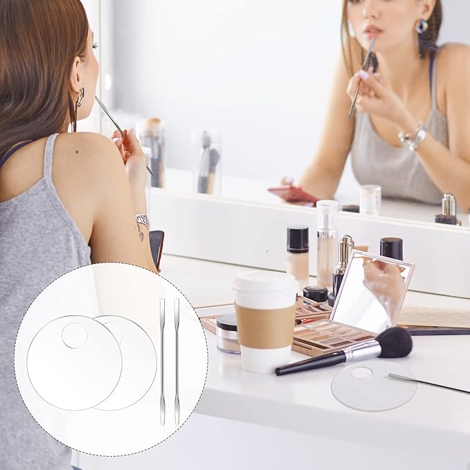 2PCS Acrylic Cosmetic Palette with 2PCS Spatula Tool,Makeup Palette Mixing Tray Apply for Foundation Eye Shadow Lipsticks Nail Art Professional Pigment Blending(Round)-FemmiqueWomen