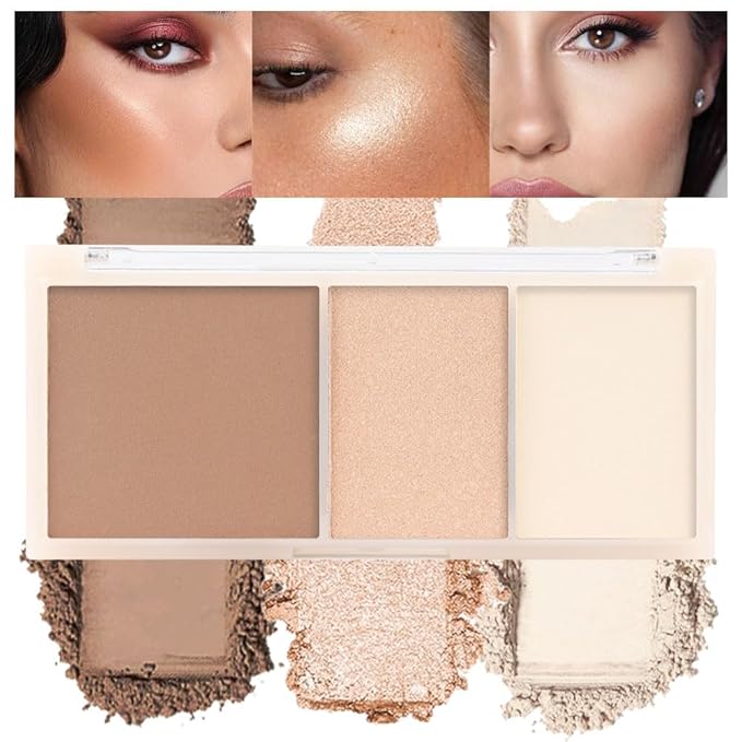 3 IN 1 Brown Nude Face Highlight Bronzer Powder Palette for Face Cheeks Contour Brightening, Buildable Matte Coverage Natural Makeup,Ultra Sculpt Nose Shadow Eyeshadow Primer 01#-FemmiqueWomen