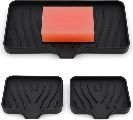 3-Pack Silicone Soap Dish, Sponge Holder for Sink, Kitchen Soap Tray, Bathroom Soap Holder, Sponge Tray with Drain (Black)-FemmiqueWomen