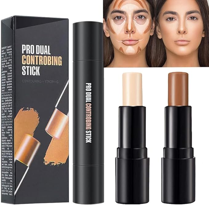 2 Colors Cream Contour Sticks Makeup Kit, Primer Face Highlighter Contouring for Beginners, Highlight and Contour Kit, Cream Concealer Makeup Blur Stick, Primer Face Corrector 1#-FemmiqueWomen