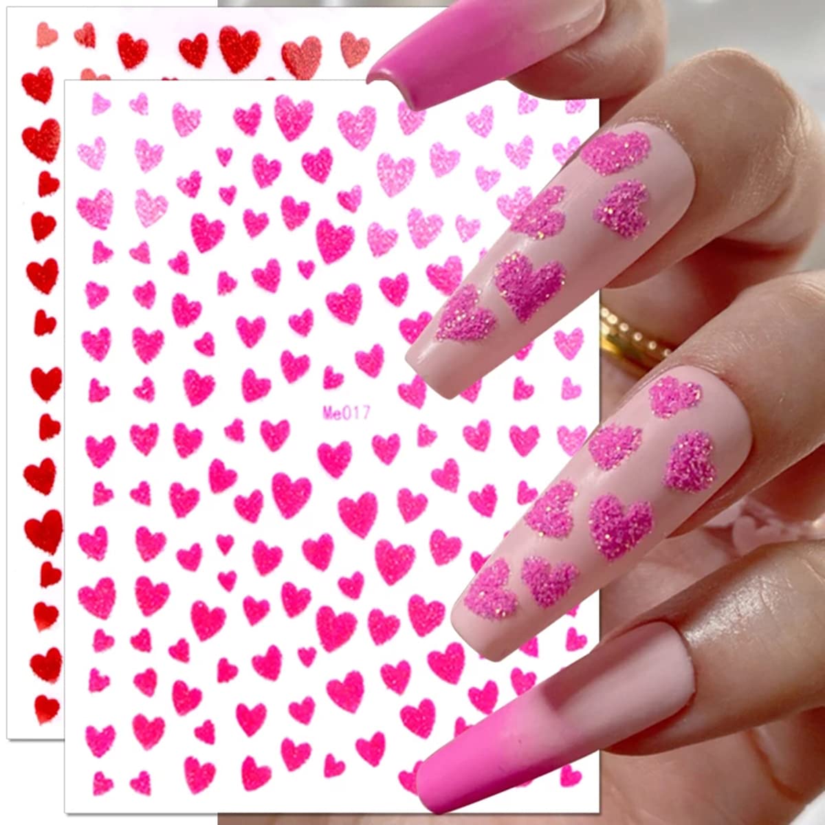 10 Sheets Heart Nail Stickers - 3D Self-Adhesive Valentine's Day Nail Art Stickers - Shiny Love Heart Nail Decals - Gold, Silver, Black-FemmiqueWomen