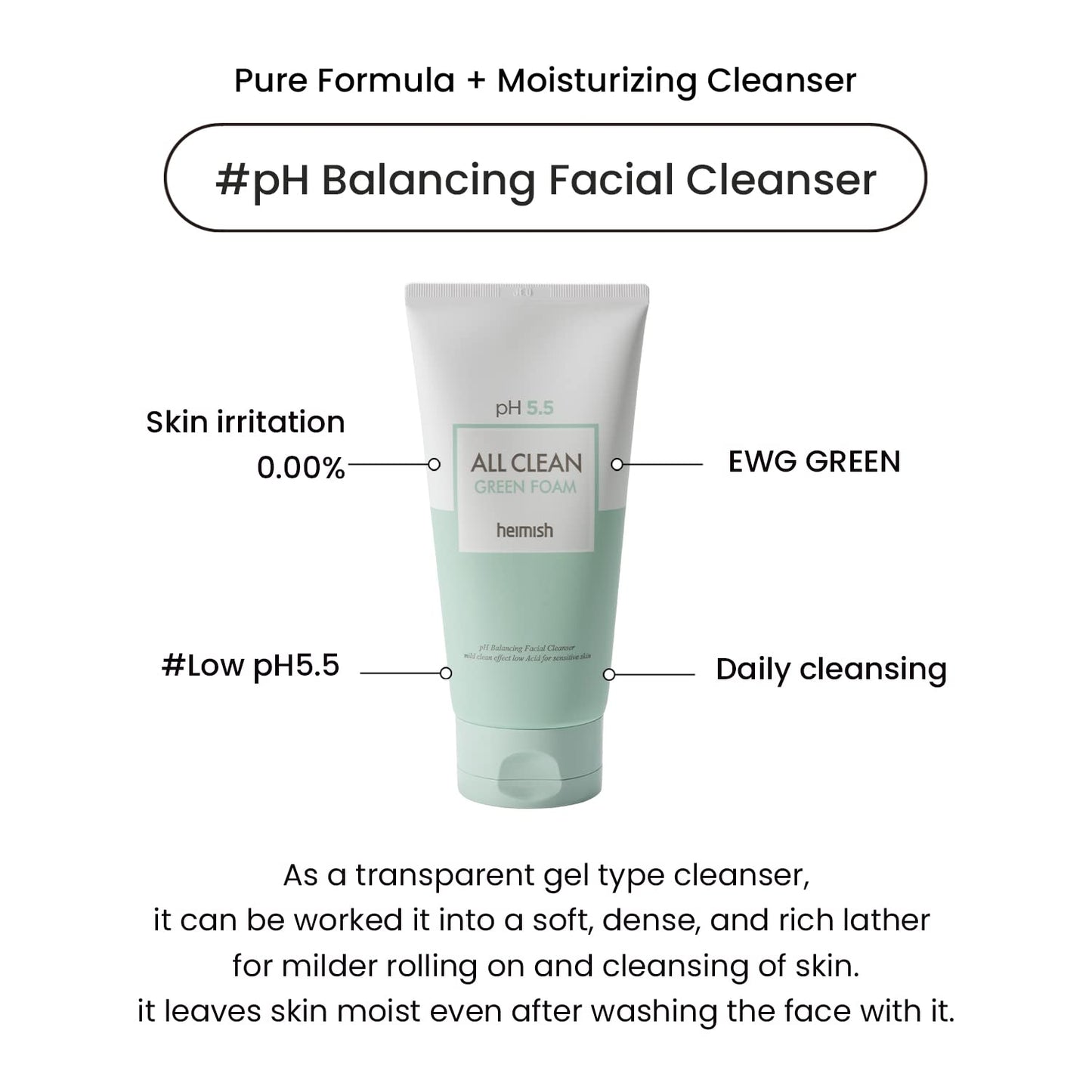 HEIMISH All Clean Green Foam Moisturizing Face Cleanser, Hydrating Gentle Gel Cleanser, Daily Face Wash for Sensitive Skin with Amino Acid, P.H 5.5, for Double Cleansing, Korean Skincare, 5.3oz/150g-FemmiqueWomen