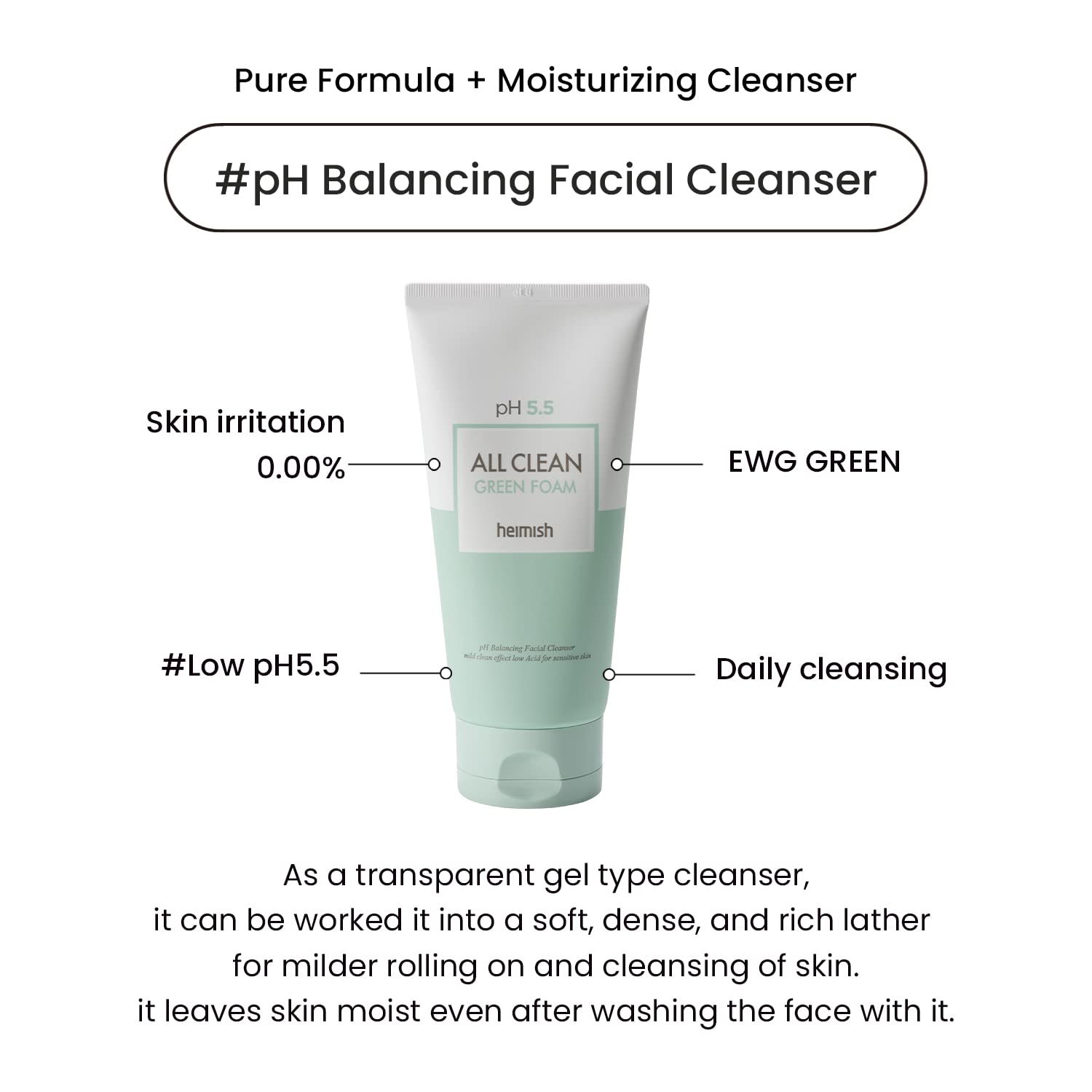 HEIMISH All Clean Green Foam Moisturizing Face Cleanser, Hydrating Gentle Gel Cleanser, Daily Face Wash for Sensitive Skin with Amino Acid, P.H 5.5, for Double Cleansing, Korean Skincare, 5.3oz/150g-FemmiqueWomen