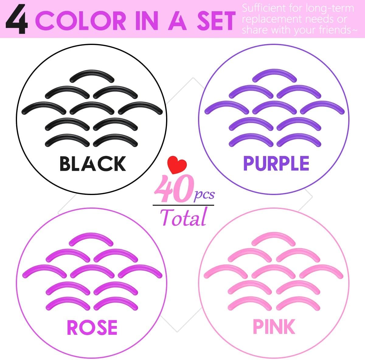 40 pcs Eyelash Curler Refills Curler Refill Pads Soft Rubber Curler Replacement Refills Pads for Universal Eyelash Curler with a Clear Storage Box (Black, Purple, Rose Red, Pink * 10)-FemmiqueWomen