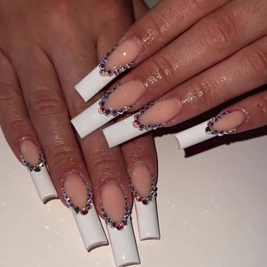 Long Coffin False Nails White French Press on Nails Crystal Gem Design Nails Tips Acrylic Cute Fake Nails for Women and Girls 24Pcs
