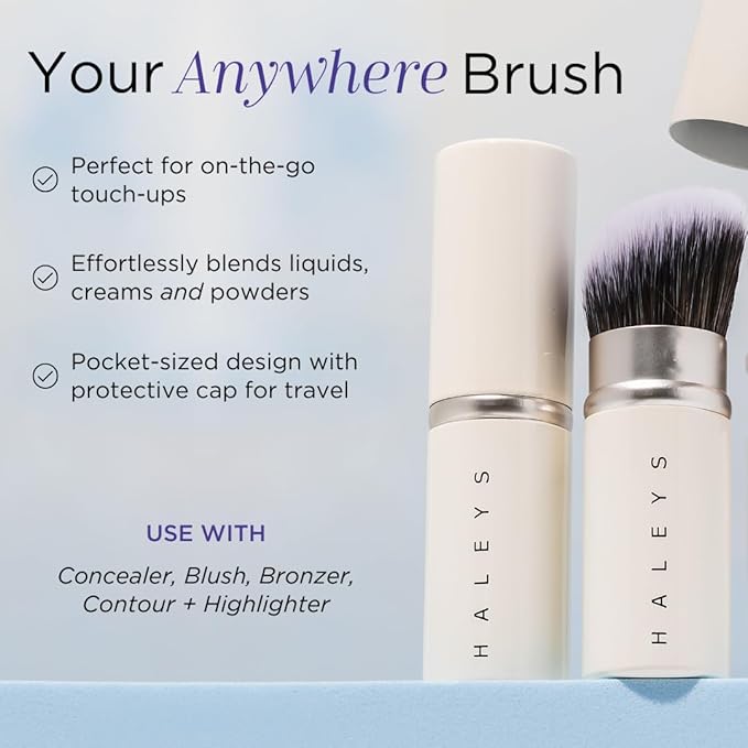 HALEYS Retractable Face Brush, VEGAN Dense, Angled Bristles & Adjustable Sleeve, Portable Makeup Brush for Quick, Easy Streak-Free Blending of Liquids, Creams, Powders, Travel-friendly Mess-Free Cap-FemmiqueWomen