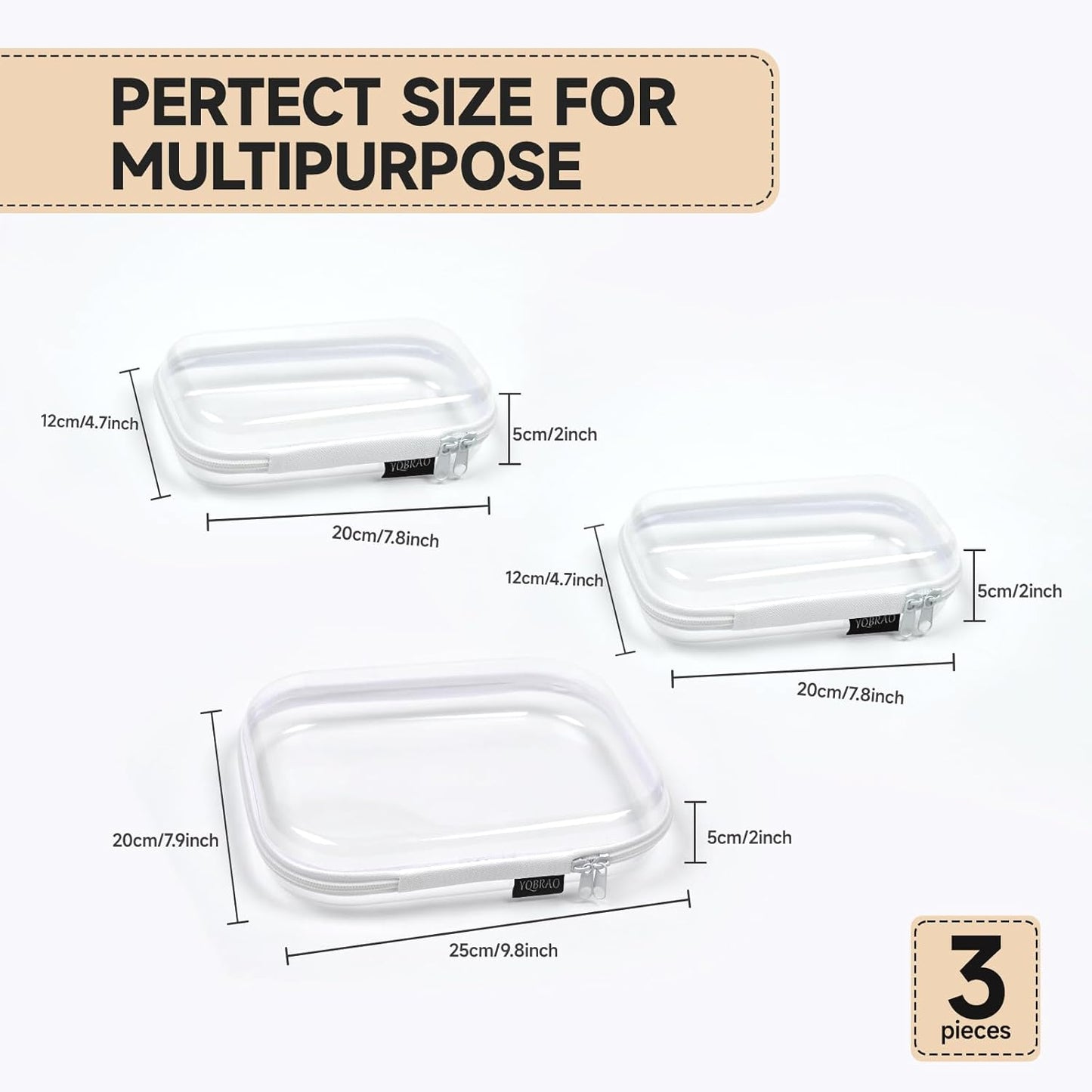 3 Pack Clear Hard Shell Zipper Case - Clear Waterproof Cosmetic Bag with Zipper, Kid's Toy Storage Organizer Bins, Charging Cables, creative journaling, painting brushes, Threads,Sketch Supplies-FemmiqueWomen