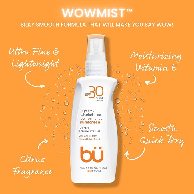 BU SPF 30 Sunscreen Spray for Face and Body, Non Aerosol Spray, Clear WOWmist, TSA Travel Size Sunblock, Oil Free and Water Resistant for Sensitive Skin, Natural Citrus 3.3 oz-FemmiqueWomen