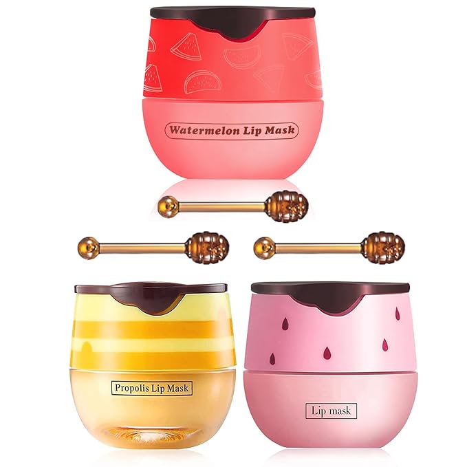 3 PCS Bee Lip Balm Honey Pot, Exfoliating Honey Strawberry Watermelon Lip Mask Overnight with Built-In Brush, Hydrating Prevention Dry and Crack Lip Scrubs Exfoliator Lip Wrinkle Care-FemmiqueWomen