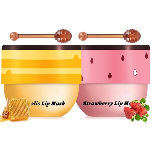 2PCS Bee Lip Balm Honey Pot, Honey Strawberry Lip balm Lip Mask with Stick, Moisturizing Lip Sleeping Mask Day & Night Lip Care - Hydrate Repair Prevent Dry Cracked Exfoliate (Honey & Strawberry)-FemmiqueWomen