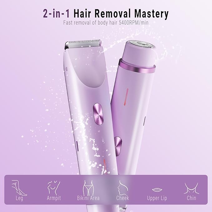 2-in-1 Bikini Trimmer and Shaver Kit for Women, Electric Body Hair Trimmer Facial Hair Removal Cordless Bikini Shaver Razor for Face Lip Chin Pubic Underarm Legs, Purple-FemmiqueWomen