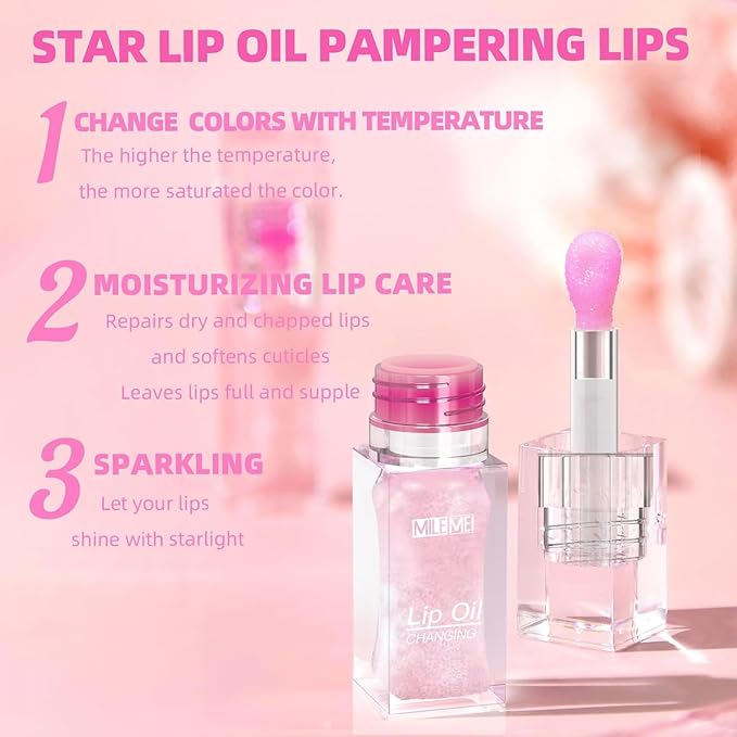 2PCS/Set MILEMEI Color Changing Lip Oil Magic Moisturizing, Big Brush Plumping Lip Oil, Plumping Glimmer Glow-FemmiqueWomen