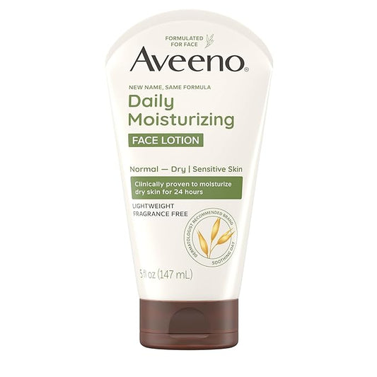 Aveeno Daily Moisturizing Face Lotion with Soothing Prebiotic Oat, Lightweight Non-Greasy Facial Moisturizer for Normal to Dry, Sensitive Skin, 24-Hour Moisture, Fragrance-Free, 5 oz-FemmiqueWomen