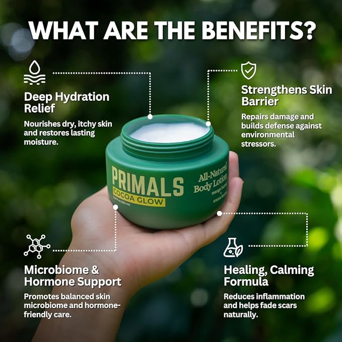 PRIMALS All Natural Body Lotion - Cocoa Butter & Mango Butter - 100% Naturally Derived Ingredients - Alcohol Free, Artificial Fragrance Free, Paraben Free, Petroleum Derivative Free - 8.45 oz-FemmiqueWomen