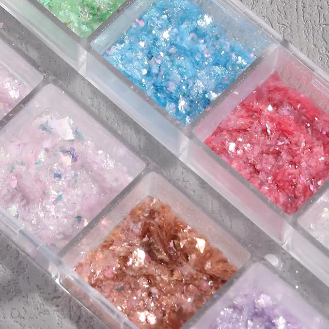 24Grid Aurora Opal Iridescent Nails Mermaid Flake Powder,Holographic Metal Color Gold Silver Confetti Nail Art Foil Paillettes,Irregular Glitter Sparkly Sequin Design for Manicure Decoration-FemmiqueWomen