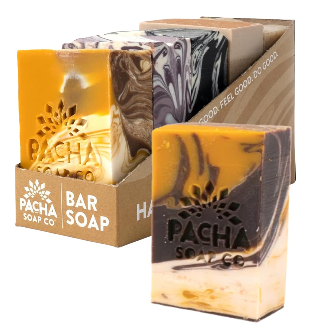 Pacha Soap Co. Bar Soap - Premium, Handcrafted, Hydrating, Natural Face Wash, Hand Cleanser, Body Wash, Soothing Essential Oils (Almond Goat's Milk, 5-Pack, 4 oz ea)-FemmiqueWomen
