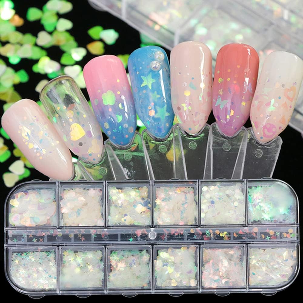 24 Grids Holographic Nail Sequins and 1 Pcs Tweezers,Iridescent Mermaid Flakes Ultra-Thin Colorful Flakes Glitter Sticker,DIY Face Body Eyes for Nail Art Decoration-FemmiqueWomen