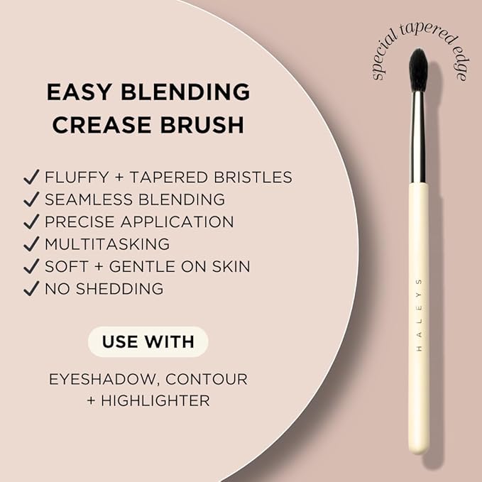 HALEYS Crease Eyeshadow Brush, Medium Fluffy Tapered Brush, Soft, Easy Blending Makeup Tool, Seamless, Multi-tasking Makeup Brush for Cream and Powder, High-end Synthetic Bristles, Vegan + CF-FemmiqueWomen