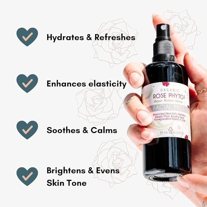 Organic & Vegan Rose Phyto³ Water Facial Spray - Moisturizing Face Mist & Setting Spray, Soothing, Hydrating Mist Rose Water For Face - Great for Facial Massaging (4 oz)-FemmiqueWomen