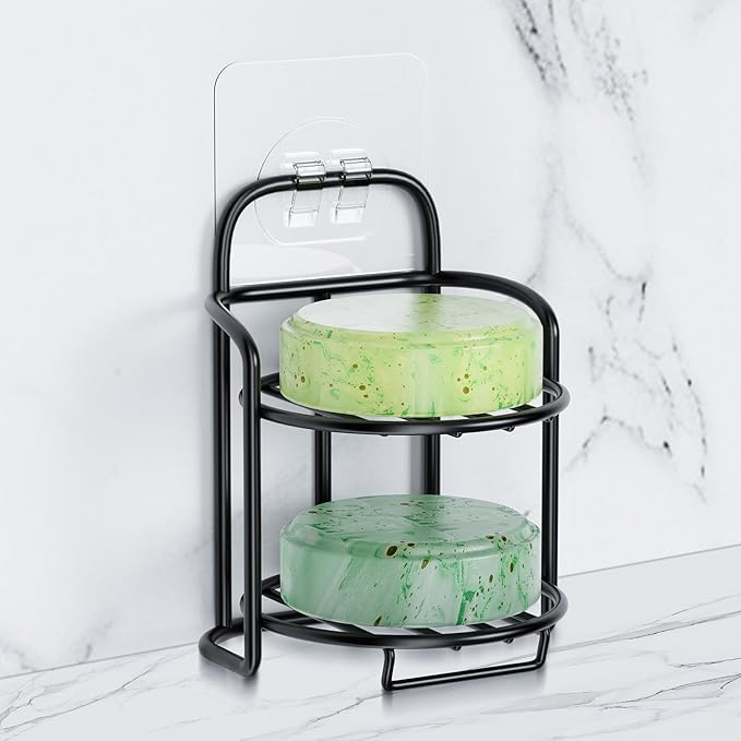 2-Tier Shower Soap Shampoo Bar Holder, Self Adhesive & Freestanding Draining Soap Dish Caddy for Bathroom Wall Accesories Decor Black-FemmiqueWomen