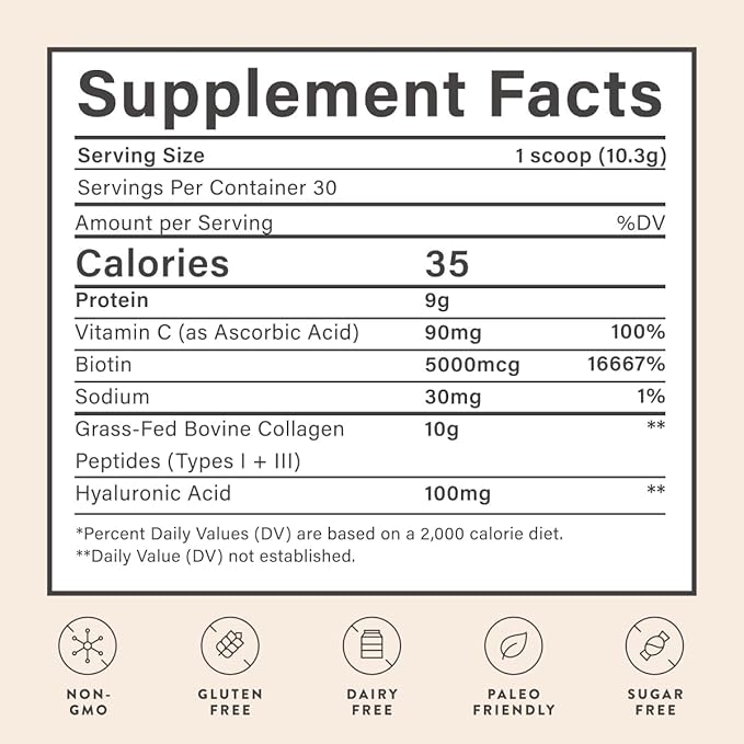 Beam Collagen Powder, Collagen for Women, Collagen with Hyaluronic Acid, Collagen Peptides Type 1 and 3, with Biotin, Grass Fed Bovine, Third-Party Tested, Best for Coffee, Vitamin C, 60 Servings-FemmiqueWomen