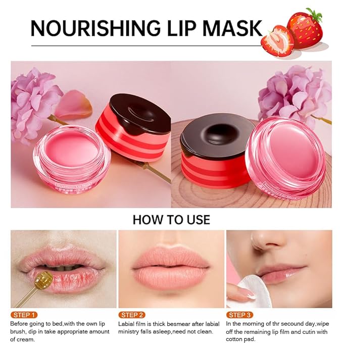 2PCS Strawberry Pot Lip Balm with Brush,Lip Exfoliating Balm Sleeping Lip Mask,Hydrating Prevention Dry and Cracked Lip Scrubs Exfoliato Lip Sleeping Mask Reduces Lip Lines Lip Care Products-FemmiqueWomen