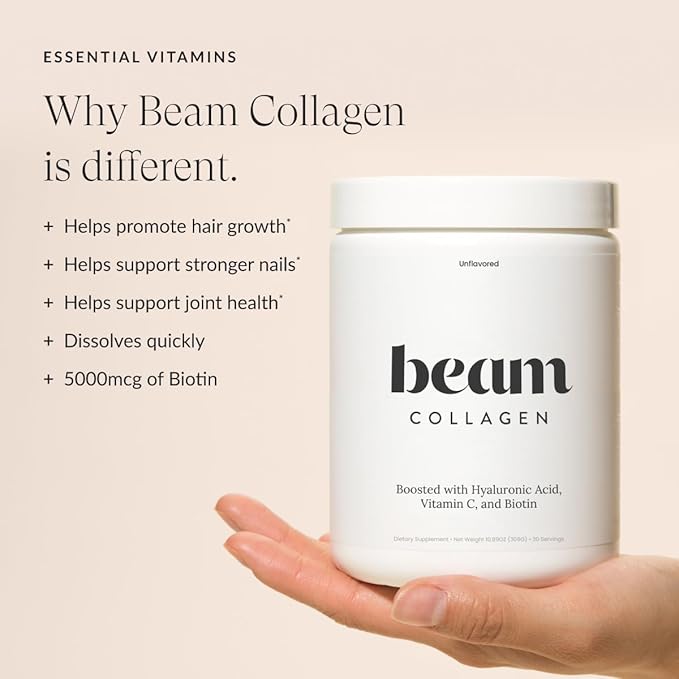 Beam Collagen Powder, Collagen for Women, Collagen with Hyaluronic Acid, Collagen Peptides Type 1 and 3, with Biotin, Grass Fed Bovine, Third-Party Tested, Best for Coffee, Vitamin C, 60 Servings-FemmiqueWomen