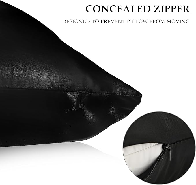 2 Pack Satin Pillowcase with Latent Zipper, Adjustable Satin Eye Mask for Sleeping and Satin Volume Scrunchie for Hair and Skin, Standard Size (Classic Style, Black)-FemmiqueWomen