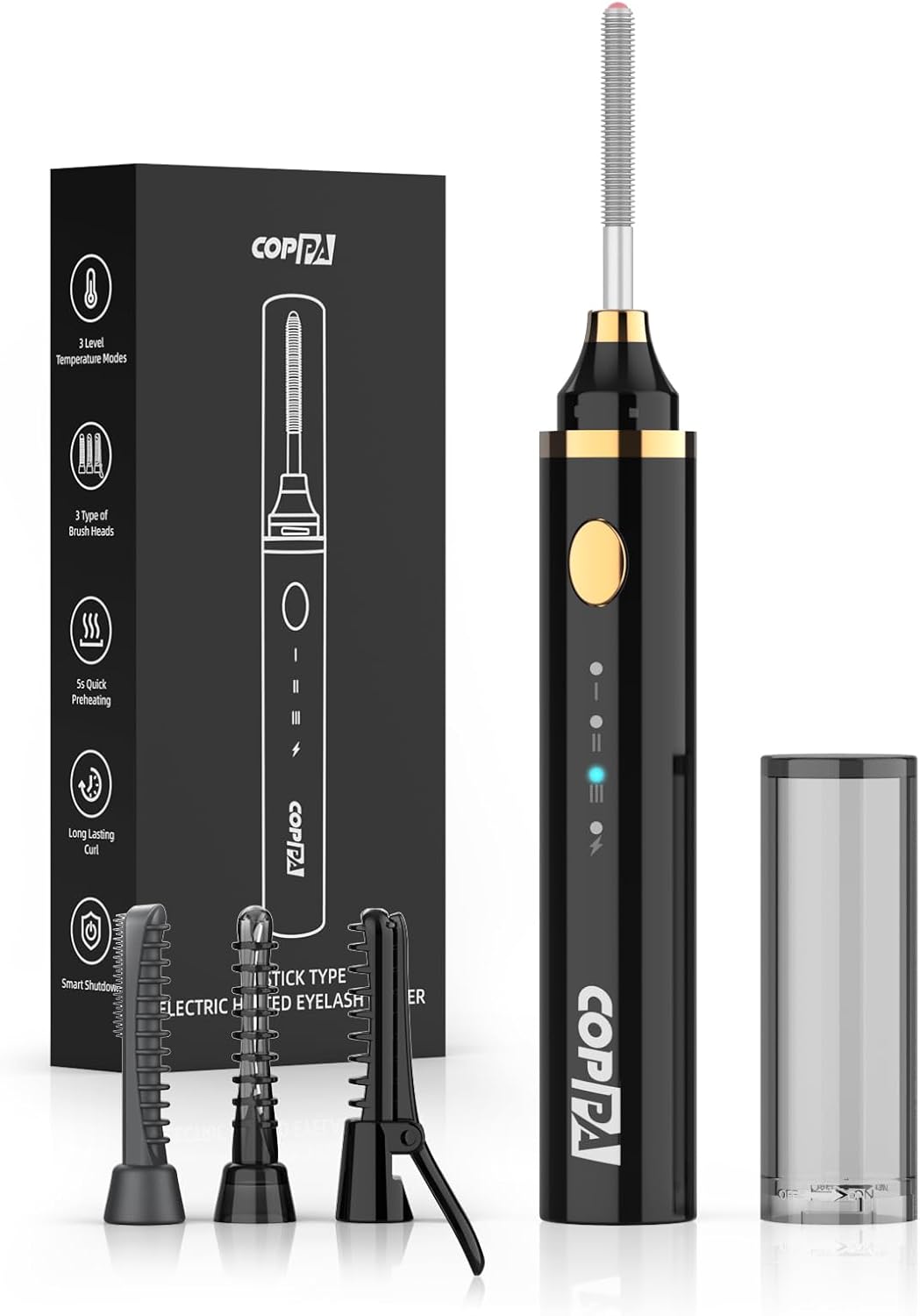 COPPA Electric Lash Curler, LP-1 Lipstick Type 3-in-1 Heated Eyelash Curler with 3 Brush Heads 3 Curling Modes and 3 Temp & 5s Quick Heat-up, Perfect for Beginners and Makeup Pros, Black-FemmiqueWomen