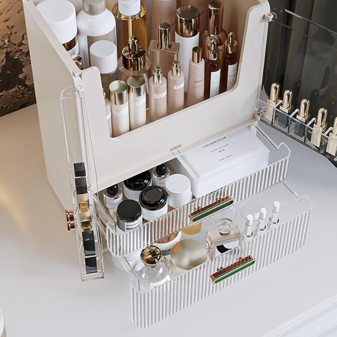Acrylic Makeup Organizer with Drawers – 38.5CM Large Capacity Cosmetic Storage Box, Dustproof & Waterproof Vanity Organizer for Skincare, Jewelry, Lipsticks & Beauty Products (White)-FemmiqueWomen